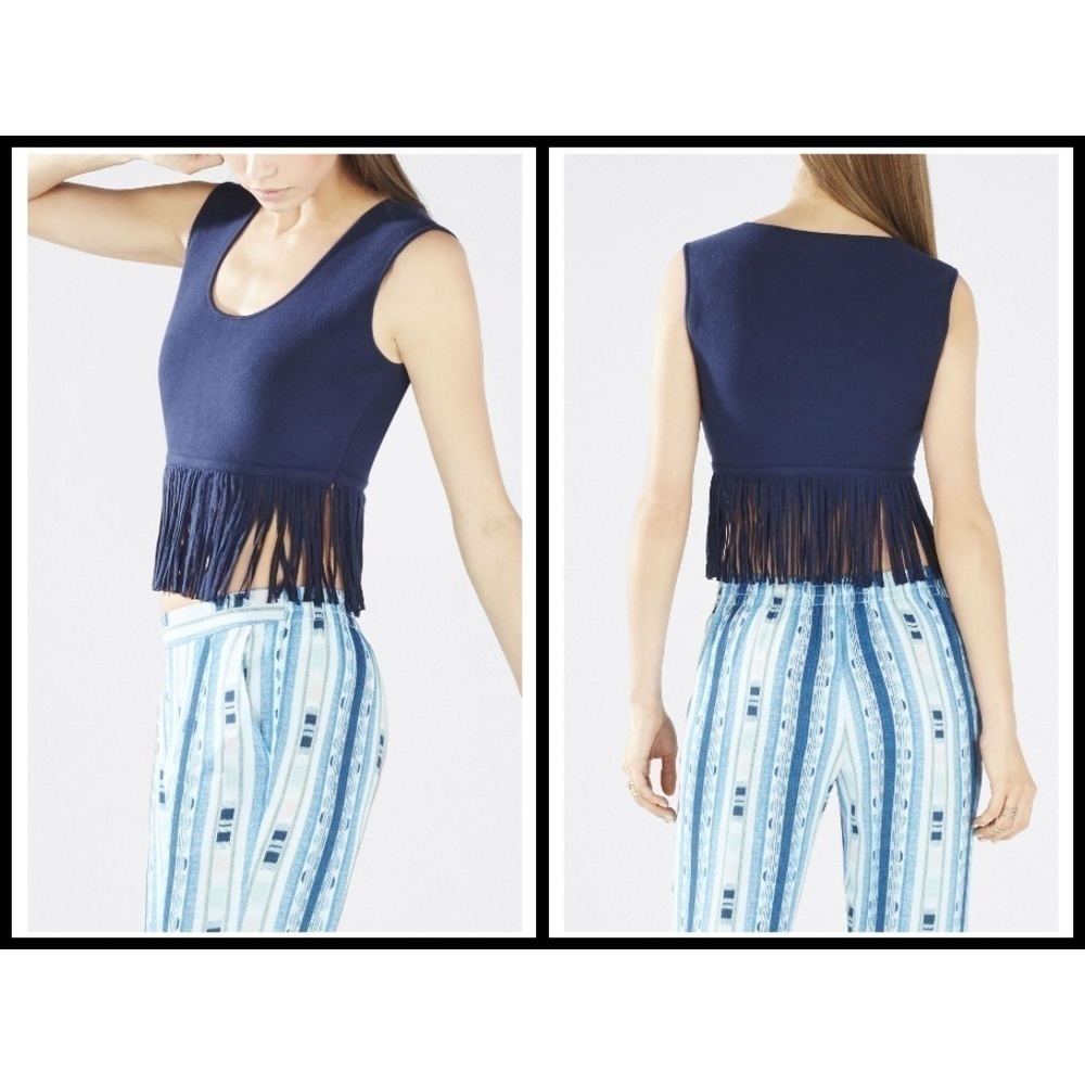 💕BCBGMAXAZRIA💕 Jaleigh Fringe Crop Top Dark Ink Blue Large L NWT